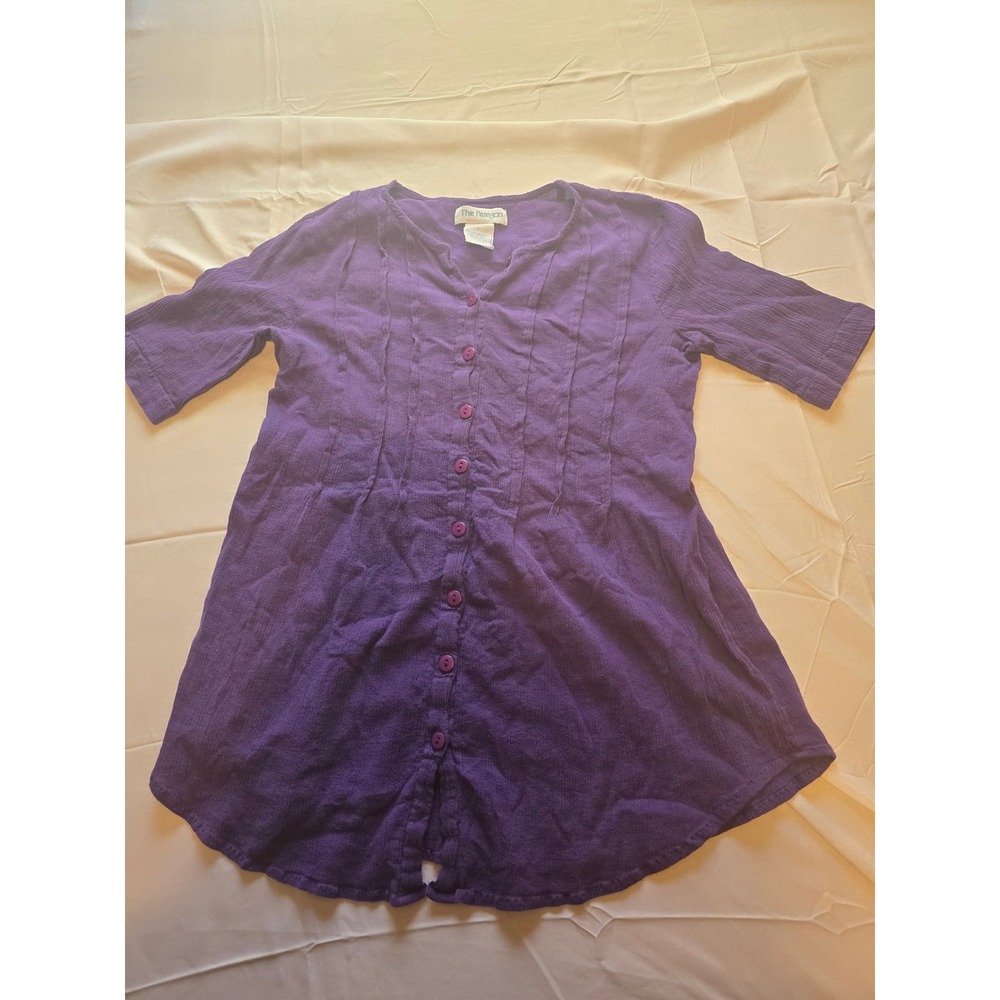 The Paragon Purple‎ Cotton Tunic Top Button Front Short Sleeve Small